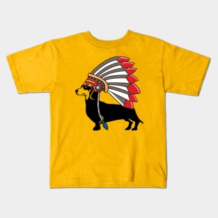 Dachshund dog native American Indian feathers hat Kids T-Shirt